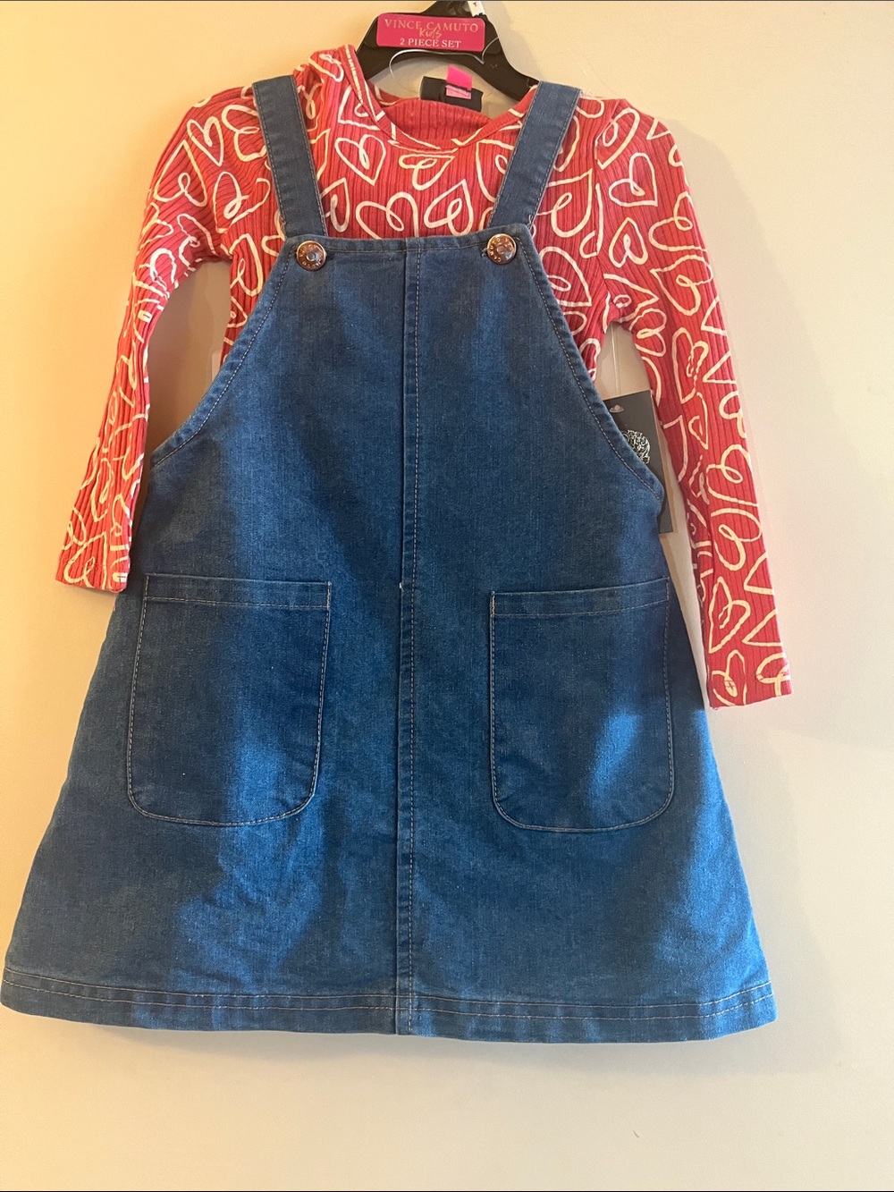 Vince Camuto Girls Blue Denim Pinafore with Red Heart Top
